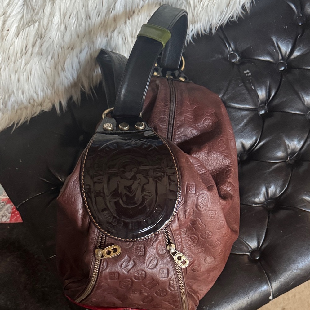 Marino Orlandi Brown Embossed Leather Sling Backpack with Black Patent Accent